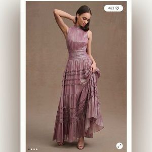 Anthropology BHLDN Juniper Metallic Tiered Backless High-Neck Gown